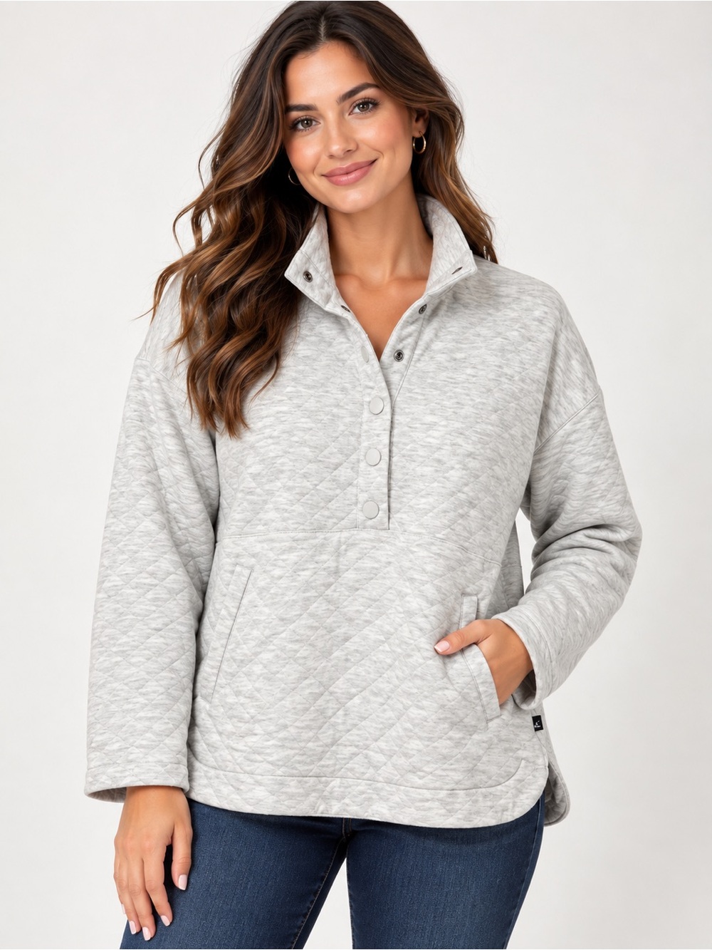 Eddie Bauer Women’s Medium Quilted Pullover Gray Snap Neck Sweatshirt Pocket